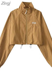 Vintage High Waist Streetwear Women Coats Jazz Summer Short Jackets Solid Crop Tops Fashion Thin Y2k Zipper