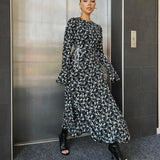 Zingj 2023 New Fashion Temperament Horn Sleeve Floral Dress Round Collar Waist Design Sense Long Skirt-Outfit