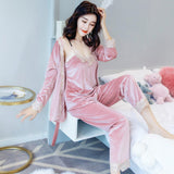 Winter Warm Pajamas Set Women Sleep Set Deep Gold Velvet Sexy Homewear Pijama Women Pajama Sets Long Pant Set Robe