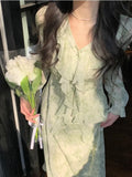 Summer Fairy One Piece Dress Korean Casual Vintage Floral Midi Dress Women Long Sleeve French Sweet Dress Office Lady