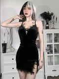 Cross Black Mini Dress Vintage Sexy Spaghetti Strap High Waist Slit Dresses Goth Party Club Women