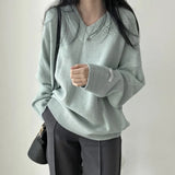 Dark Academia Solid Color V-Neck Pullover SweaterOutfit