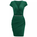 Selling New 2025 Summer Solid Color V-Neck Waist Slim Casual Short-Sleeved Dress