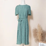 Spring Summer Womens Dress White Polka Dot Chiffon Midi Dress Belt Slim Waist vestido de mujer