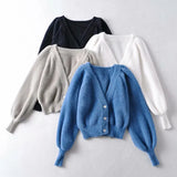 Zingj Spring New INS Lazy Sweater V-Collar Plush Coat Vintage Bubble Sleeve Sweater Women's