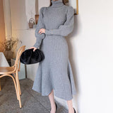 Korea Knitted Dress Women Autumn Winter New Fashion Vintage Turtleneck Lantern Sleeve Sweater Dresses Mermaid