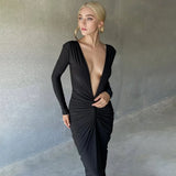 Fashionable Women's Dress French Long-Sleeved Sexy Deep V-Collar Pleated Slim Dress Two High-Waisted
