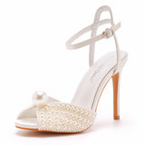Mouth High Heel Sandals 10 Cm White Pearl High Heel Women Sandals Banquet Wedding Dress Wedding Dress Bridal