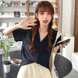 Colors Shirts Women Colorful Simple Notched Sweet Girls Korean Tops Leisure Short Sleeve Student All-match Version Female