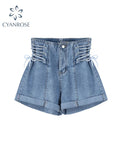Jeans Shorts Vintage Fashion Y2K Harajuku Streetwear Baggy High Waist Strappy Cross Summer Hot A-line Denim Short