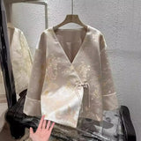 Chinese Style V-Collar Shirt Coat Inclined Door Flap Buckle Tang Dress Blouse Women's 2024 Spring Vintage Popular