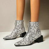 Women Snake Print Western Boots Fashion Zipper Suqare Heel Ankle Boots Lady Metal decoration Square Toe Autumn Winter