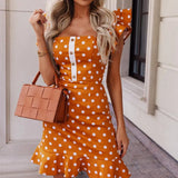 Women Sexy Square Collar Button-up Short Party Dress Summer Flying Sleeve Ruffle Slim Mini Dress Fashion Polka Dot Office