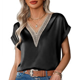 Lace Satin Blouse Loose Short Sleeve Women Tops Fashion 2023 Elegant Summer Casual Shirts Lady Simple Hollow Blusas