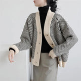 Winter Vintage Striped Single Breasted Sweater Ladies Loose Casual All-match Knitting Top Women Elegant Fashion
