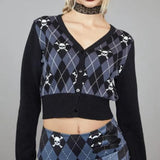 Style Skulls Print Knitwear E-girl Mall Goth Knitted Sweater Autumn V Neck Long Sleeve Crop Cardigan Women Vintage