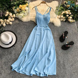 Ladies Sexy V Neck Spaghetti Strap Dresses Summer Backless Split Slim Long Dress Women Casual Beach Holiday