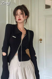 Down Collar Knitted Solid Sweaters Cardigan Slim Fit Short Hollow Out Length High Street Tops Zipper American Retro