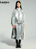 Spring Autumn Cool Silver Shiny Patent Faux Leather Jacket Women with Raglan Long Sleeve Luxury Designer Y2K