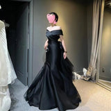 Black Evening Dress Women's 2025 New Word-Shoulder High-End Dinner Light Luxury Small Fishtail Dress High