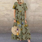 Floral Long Dress Women Summer Elegant Linen Short Sleeve Boho Maxi Dress Female Holiday Sundress Party Dresses
