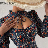 Women Elegant Long Sleeves All Over Print with Disty Floral Folds Keyhole Bodycon Mini Sexy Party