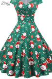 Print Vintage Christmas Dress Women Winter Big Swing Elegant Short Sleeve V Neck Sexy New Year Party