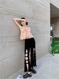 Y2k Velvet Black Flare Pants Women Hollow Out Trousers High Waist Bow Designer Bottoms 2022 Summer