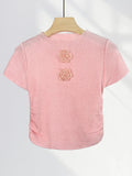 Zingj Little Sister Pinch Waist Pink Knit Short Sleeve T Shirt Female Shoulder Slim Short Three-Dimensional Rose Shirt