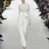 Two Piece Trousers Outfit Women Long Sleeve Lace Hollow Out Blouse Shirt + Bow Full Length Suits Fashion 2 Pieces Pants