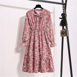 Women Casual Summer Dress Lady Korean Style Vintage Floral Printed Chiffon Shirt Dress Long Sleeve Bow Midi Summer Dress