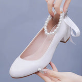 3 Cm Square-Head Single Shoe With A Single Shoe Buckle Mary Jane White Shoes Beads Ribbon Wedding