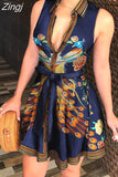 Women Printed Long Sleeve Dress Casual Bandage Mini A-line Dresses Sexy Party Summer Feminias Vestidos Women