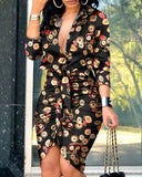 V-neck Lace-up Solid Color Long Sleeve