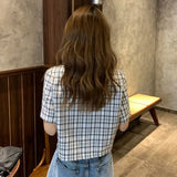 Shirts Women Plaid Crop Top Vintage Korean Style Sweet Notched Ins Fashion Slender Leisure Chic All-match Summer