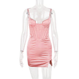 Diamond Chain Satin Backless Mini Dress For Women Robe Summer New Spaghetti Strap Bodycon Club Party Dress