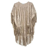 Beach Cover Up Summer Camel Suede Floral Hollow Out Fringed Bikini Cover-ups Vintage Women Beachwear Kimono Cardigan