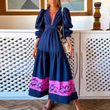 Lantern Long Sleeve Boho Party Long Dress Retro Printed Pleated Dresses Women Deep V Neck Hollow Waisted A-Line