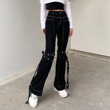 White Thread Casual Black Denim Pants Hip Hop High Waist Jeans Woman with Strips Harajuku Fashion Trousers