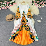 Zingj New Women's Dress Oversized Skirt Print Pleated Waist Lace Holiday