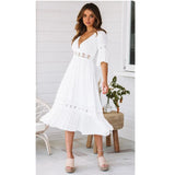 2020 Summer Sexy Deep V Neck Women's Dress Casual Solid Lace Patchwork Midi Ladies Fashion Empire Party Dresses
