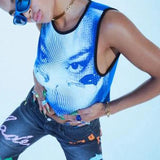 Gothic Harajuku Grunge Mini Vest E-girl Graphic Print Tank Top Y2K Women Summer Sleeveless O Neck Crop Top