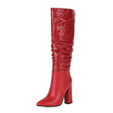 New Autumn Winter Zebra Print Women Boots Fashion Pleated Square High Heel Knee High Boots Ladies Slip On Pointed Toe
