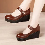2021 Spring Leather Shoes Women Platform Wedges Shoe High Heels Round Toe Comfortable Black Women Pumps Large Size