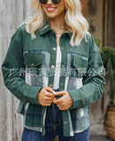 The Ins Hot Autumn Winter Ladies Coat Cotton Sweaters Wool Plaid Patchwork Multi-Pocket Jacket-Outfit
