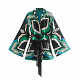 Leaves Print Fashion Women Kimono Smock Blouse 3 PCS Of Optional Cute Bow Sashes Casual Shorts Elastic Waist