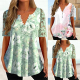 Summer Print Lace Blouse 2023 Women V-neck Loose Hollow Out Short Sleeve Shirt Buttons Long Tops Slim Mujer Ladies