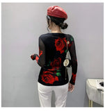 S-3XL Girls Fixed Printing Mesh T-Shirts Tees Female Full Sleeve O Neck Stretchy Tshirt Black Tops Women 2023