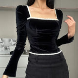 Zingj Women's French Temperament Square Collar Sexy Back Strap Slim Fashion Lace Show Thin Long-Sleeved Jacket Female- Outfit