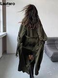 Autumn Long Flowy Dark Green Trench Coat for Women Belt Single Breasted Luxury Designer Women Clothing 2023 New